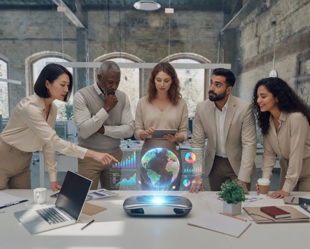 Web Marketing Wave team collaborating around a holographic data display